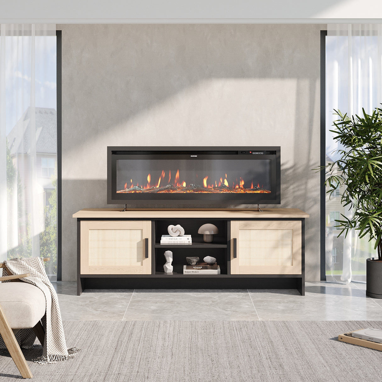 Refreshing Rattan-Door Cabinet TV Stand with Electric Fireplace Set