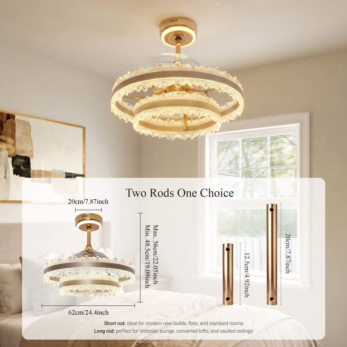 Modern Gold Halo Ceiling Fan Light with Remote, 6 Speeds & 3 Colour light on a bedroom bedside