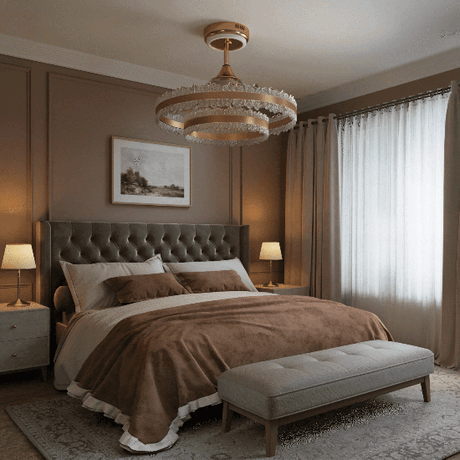 Modern Gold Halo Ceiling Fan Light with Remote, 6 Speeds & 3 Colour light on a bedroom bedside