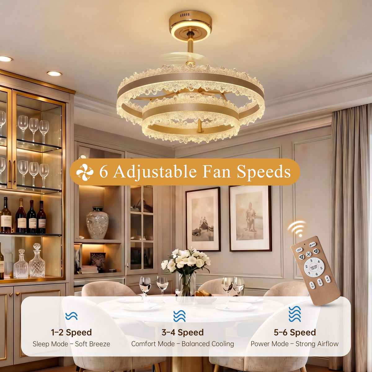 Modern Gold Halo Ceiling Fan Light with Remote, 6 Speeds & 3 Colour light in a dining room