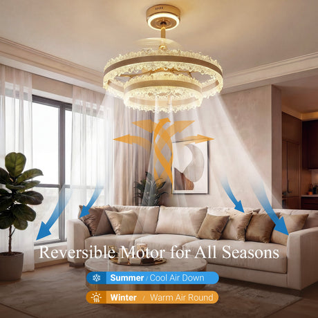 Modern Gold Halo Ceiling Fan Light with Remote, 6 Speeds & 3 Colour light in a living room