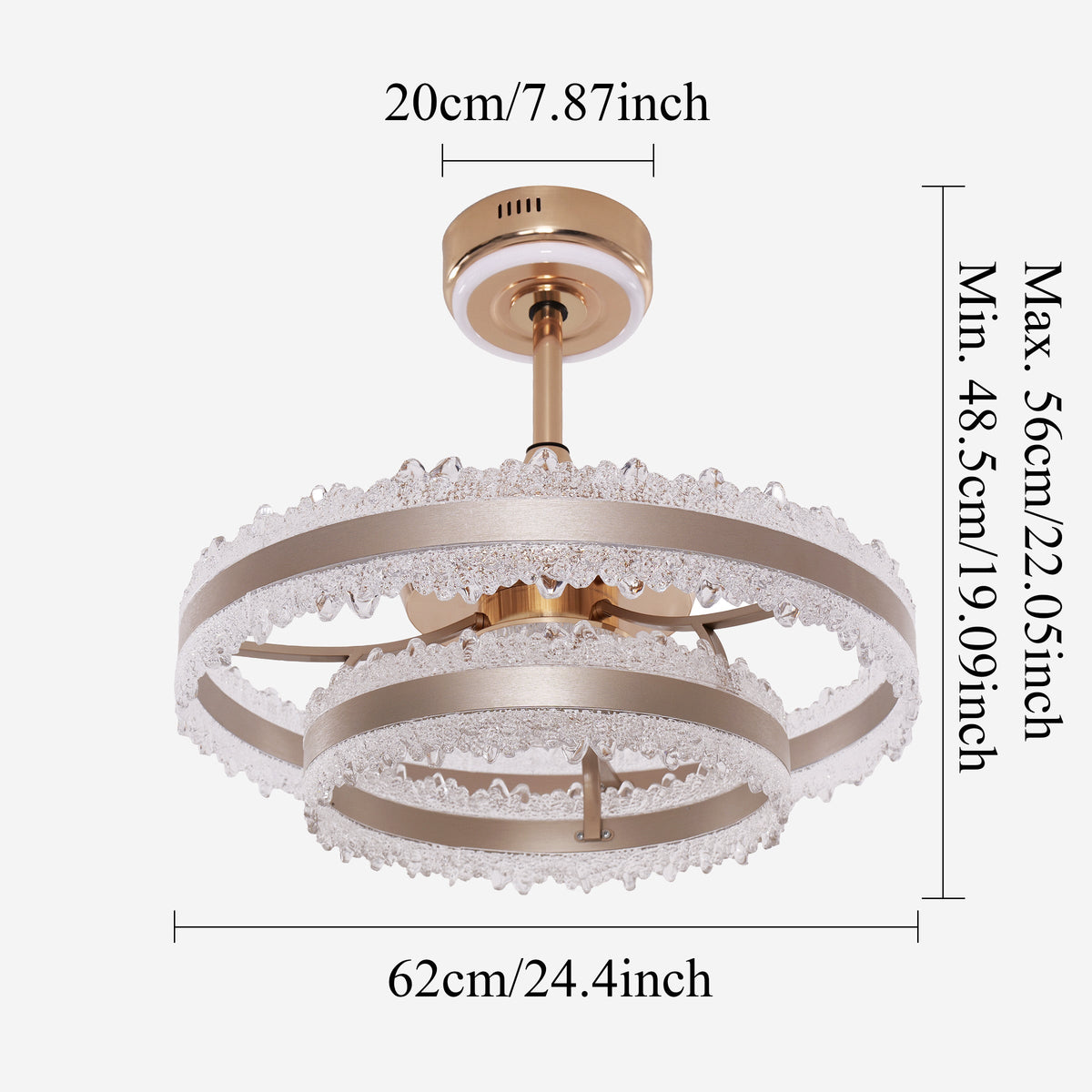 Size chart for Modern Gold Halo Ceiling Fan Light with Remote, 6 Speeds & 3 Colour