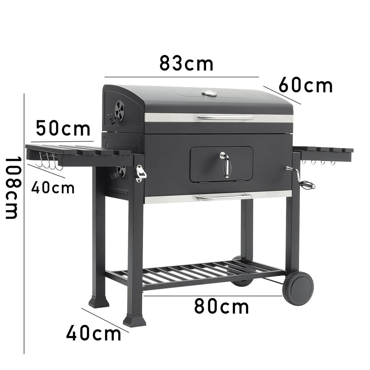 Cart-Style Charcoal Grill with Side Tables and Bottom Shelf