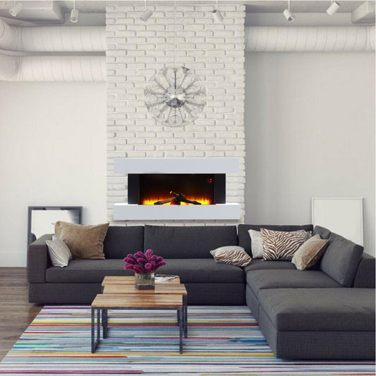 2kW White Electric Floating Fireplace Set with Remote