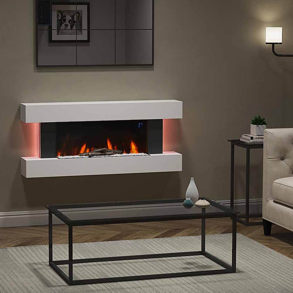 2kW White Electric Floating Fireplace Set with Remote