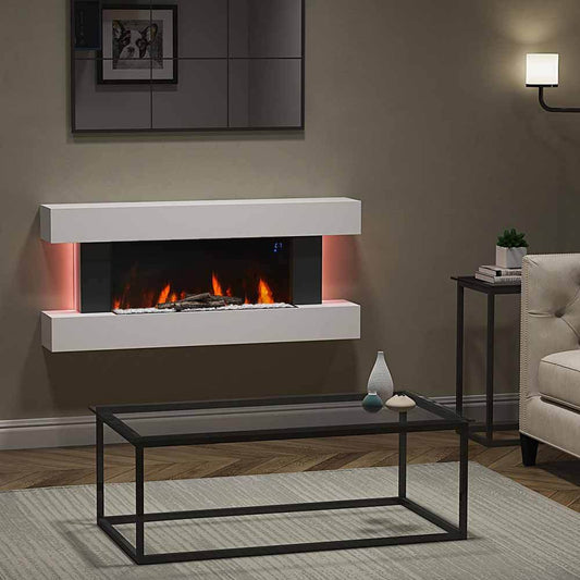 2kW White Electric Floating Fireplace Set with Remote