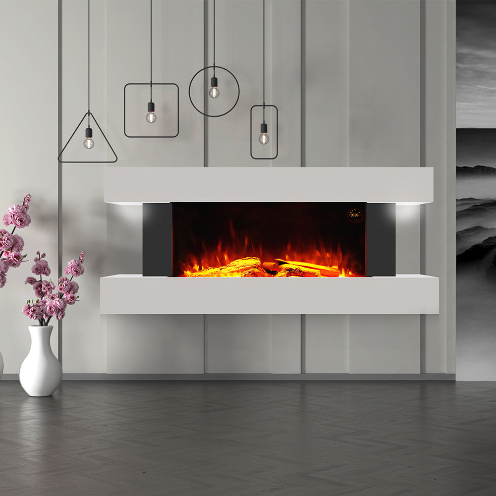 2kW White Electric Floating Fireplace Set with Remote