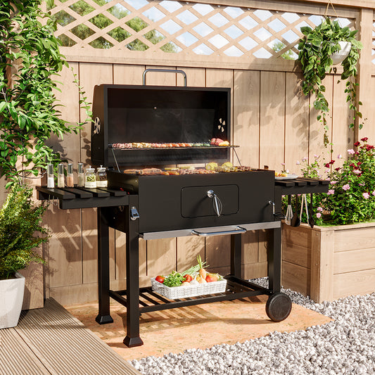 Cart-Style Charcoal Grill with Side Tables and Bottom Shelf