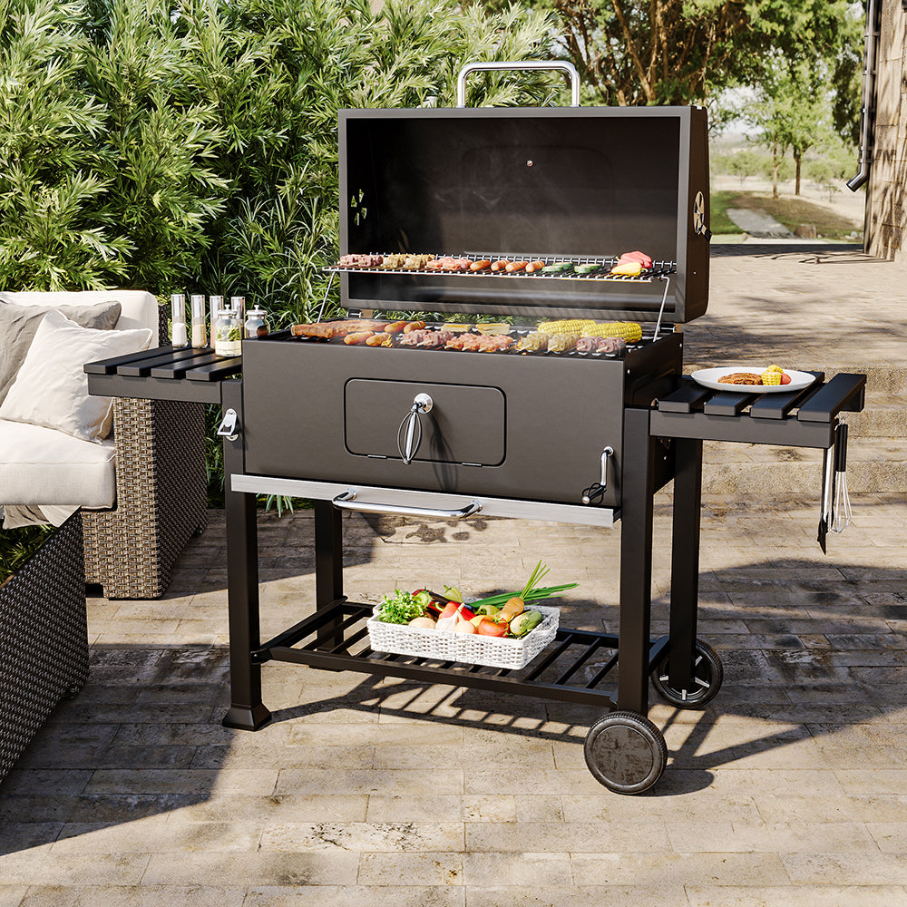 Cart-Style Charcoal Grill with Side Tables and Bottom Shelf