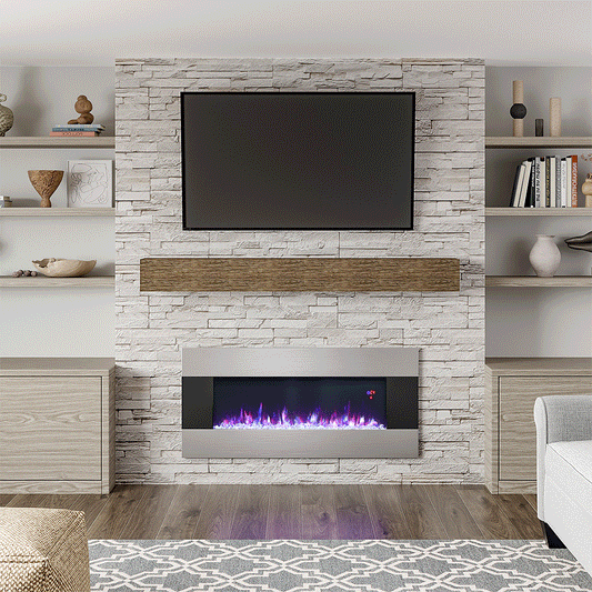 wall mounted modern electric fireplace with tv above