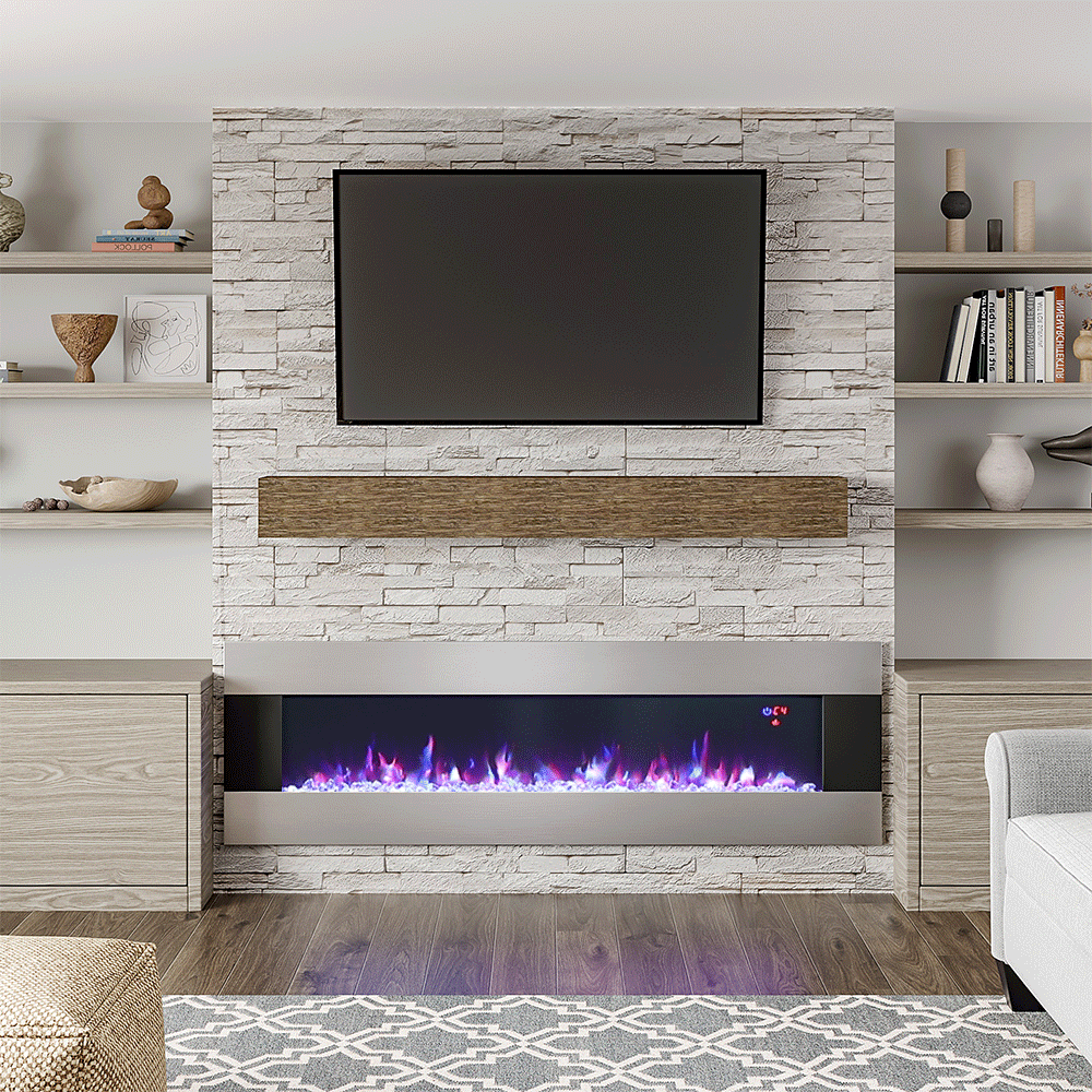 wall mounted modern electric fireplace with tv above