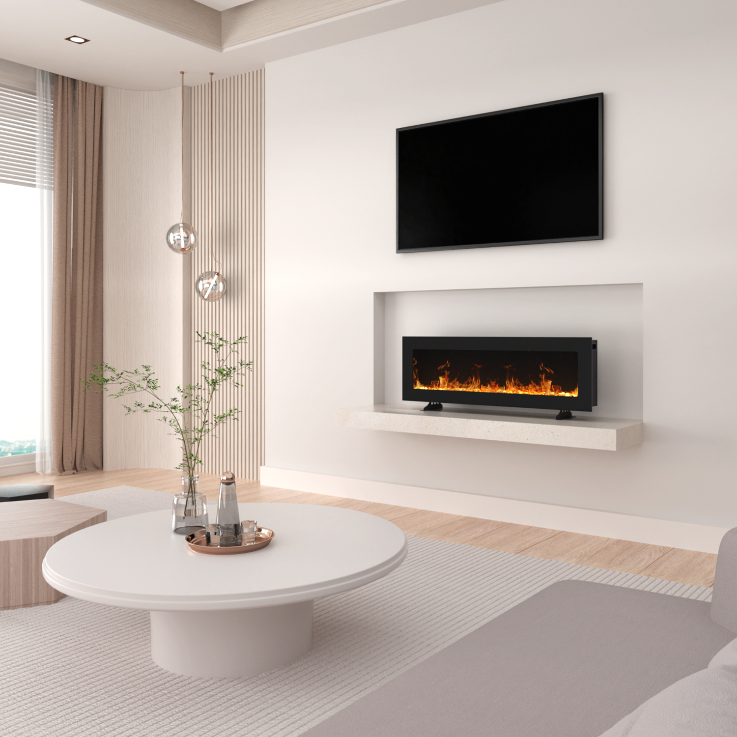 free standing modern electric fireplace with tv above