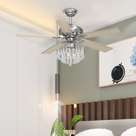 Crystal Chrome Ceiling Fan Light Fixture with 5 Wood Blades
