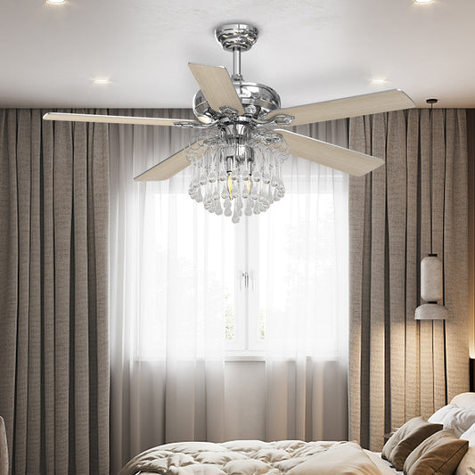 Crystal Chrome Ceiling Fan Light Fixture with 5 Wood Blades
