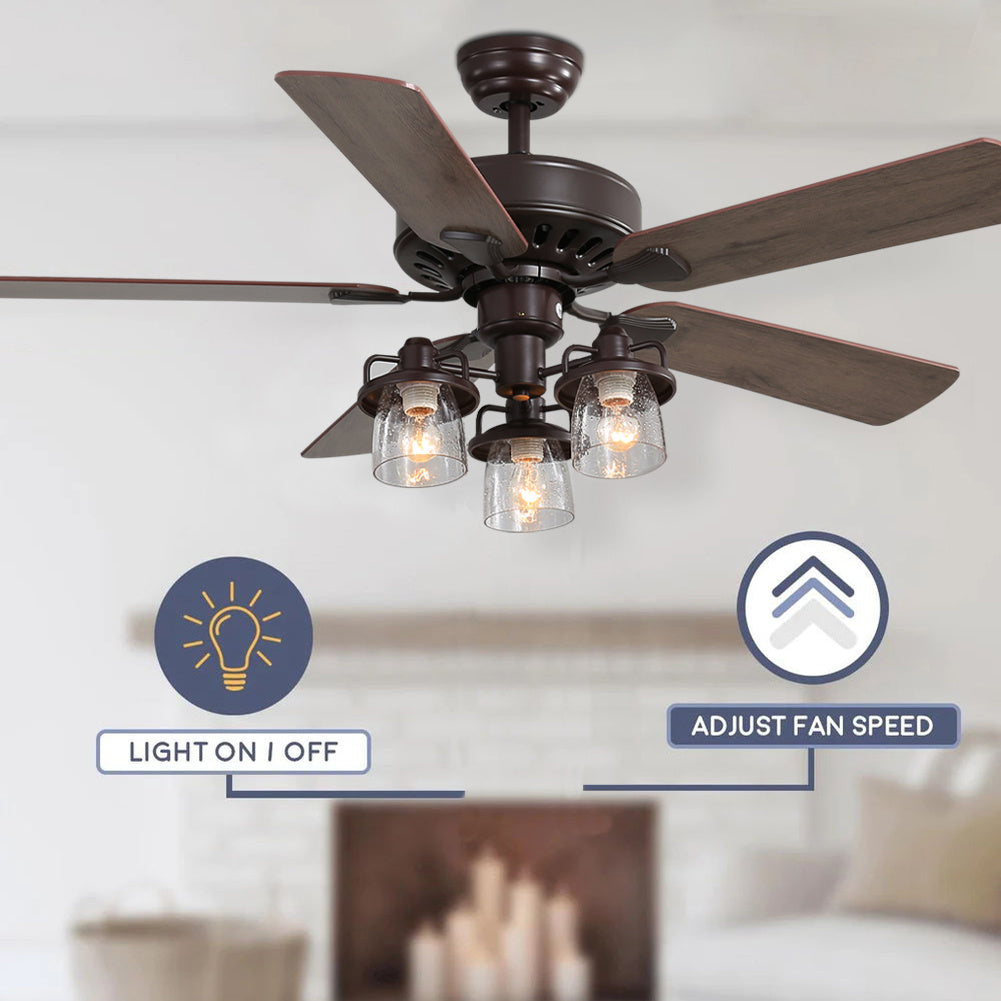 42" Farmhouse Ceiling Fan With Light – Rustic Bronze Pull Chain Chandelier – 5 Blades